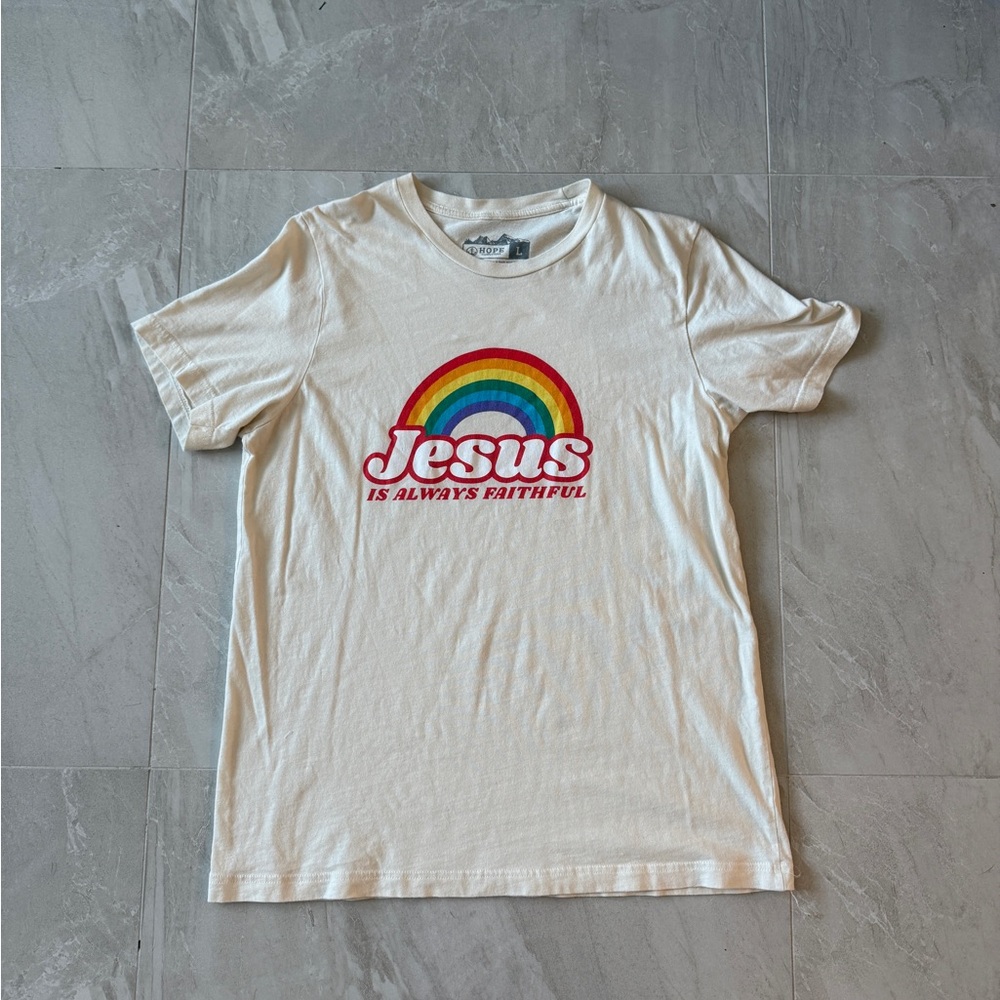 White and Red Short Sleeve Tee with Retro Rainbow